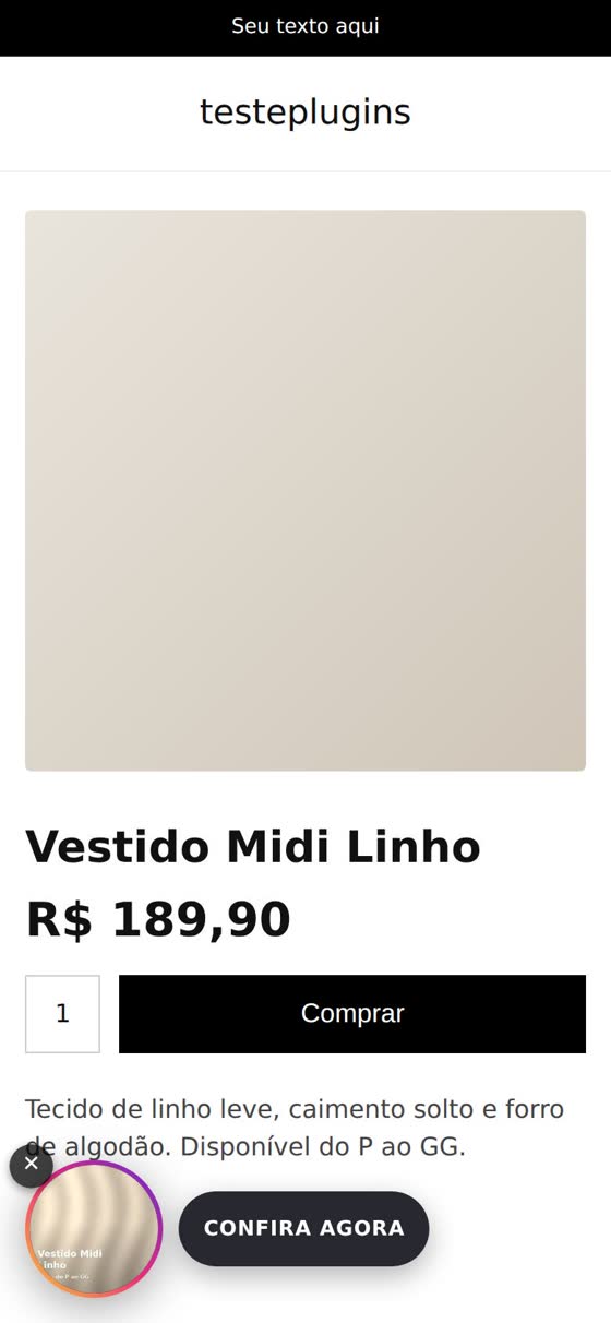 Página de produto com o StoryCommerce funcionando